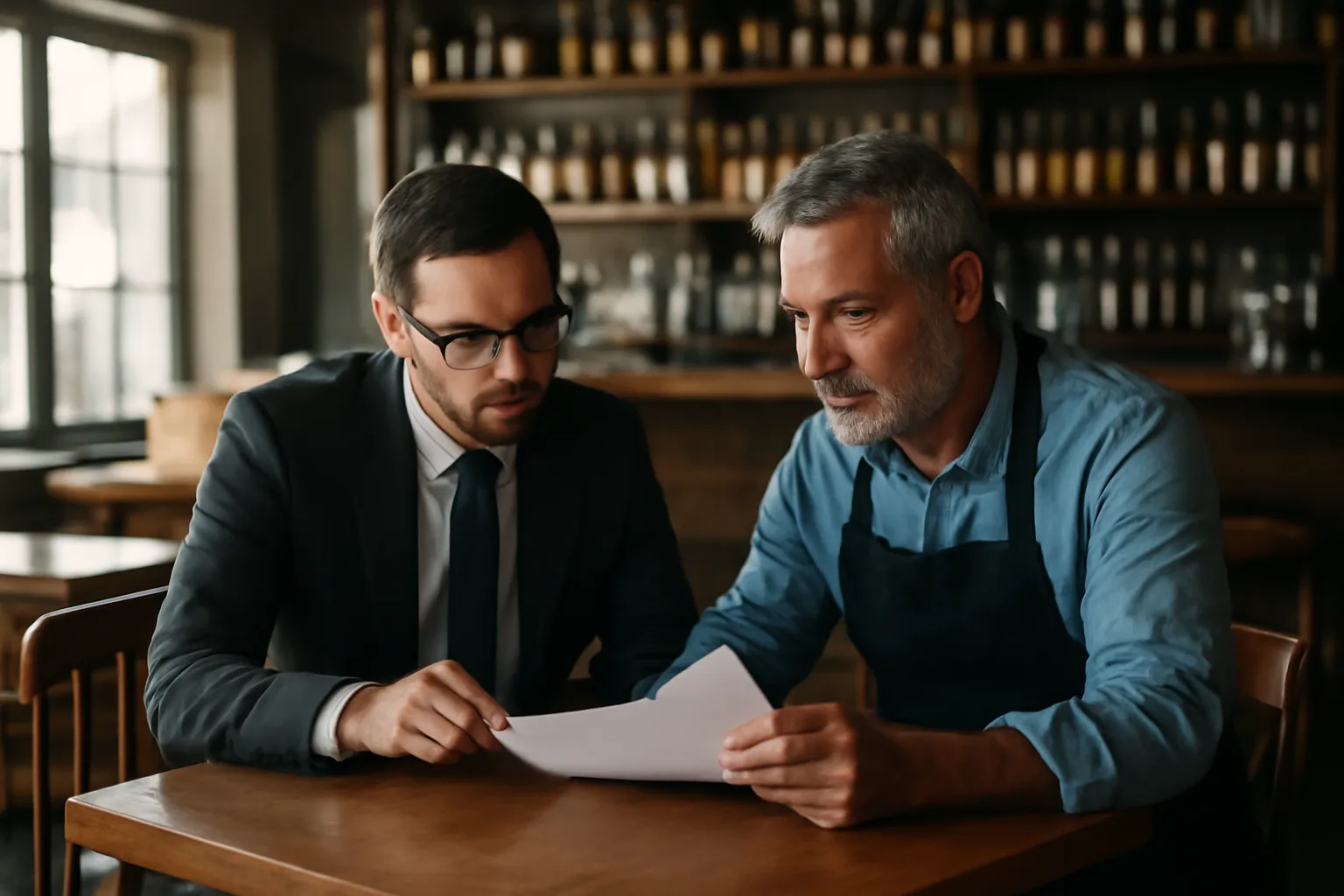 Restaurant owner and advisor discussing liquor license costs at a bar table