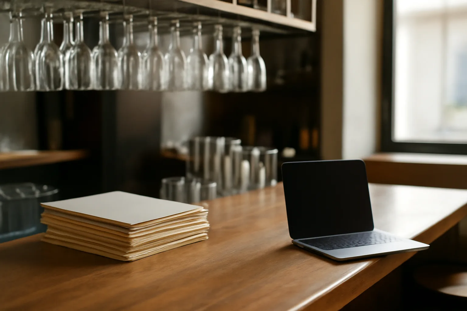 Empty restaurant bar counter with paperwork folders, representing Florida liquor license cost planning