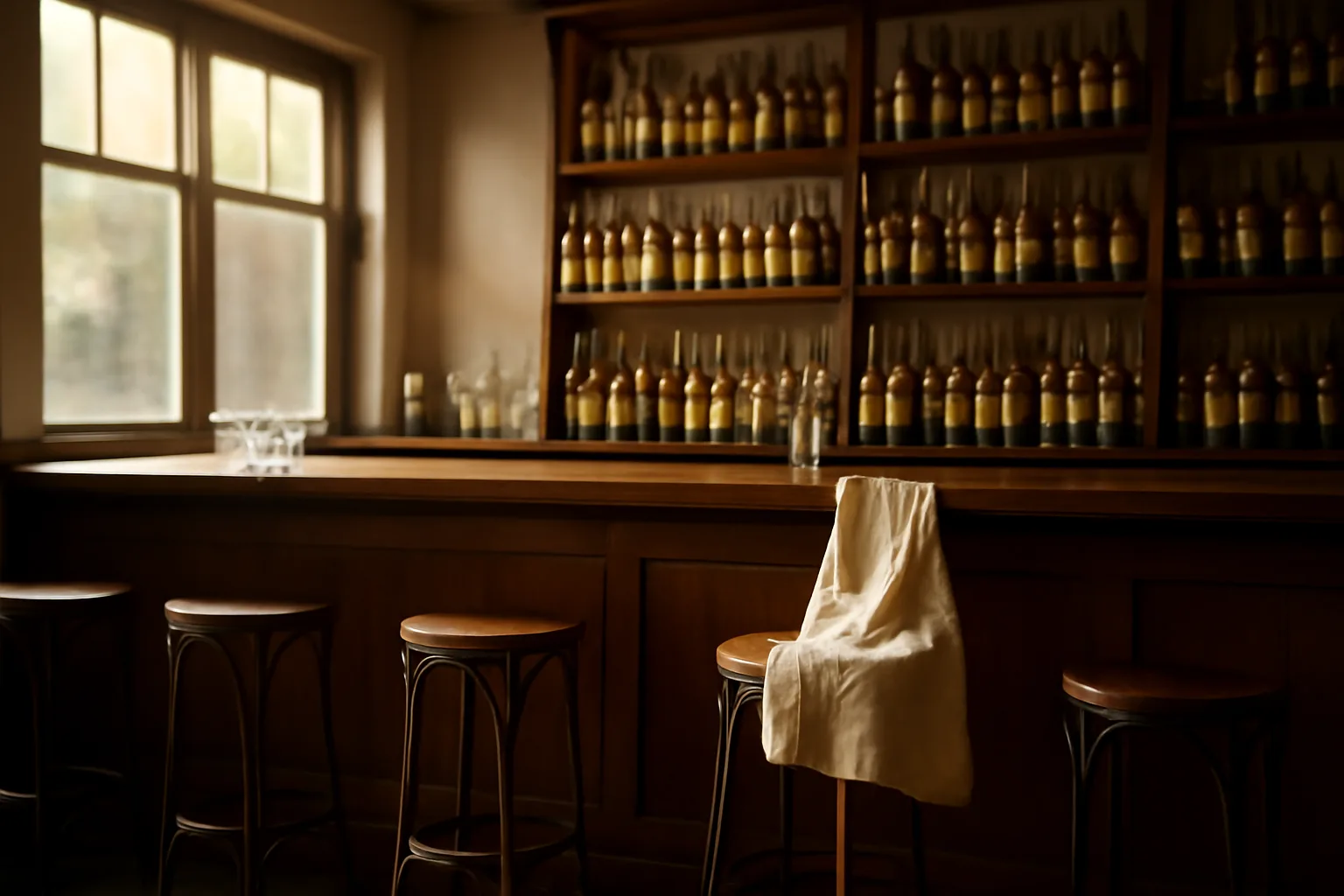 Empty restaurant bar with sunlit liquor shelves, representing Florida liquor license planning