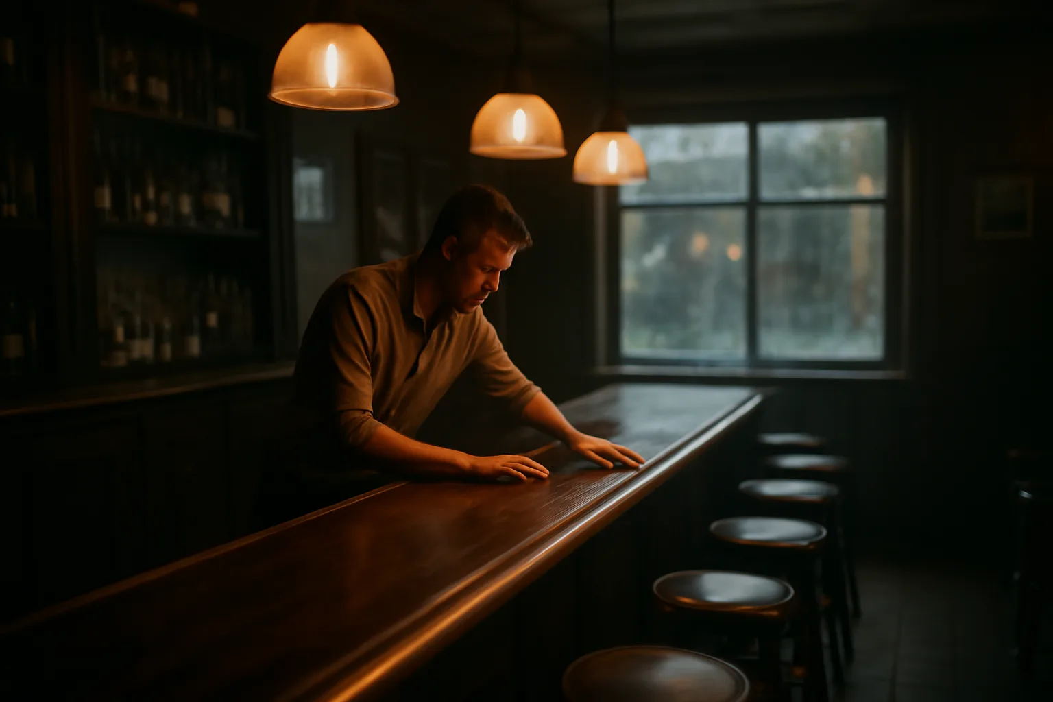 Empty tavern bar interior at closing time representing the NJ liquor license market