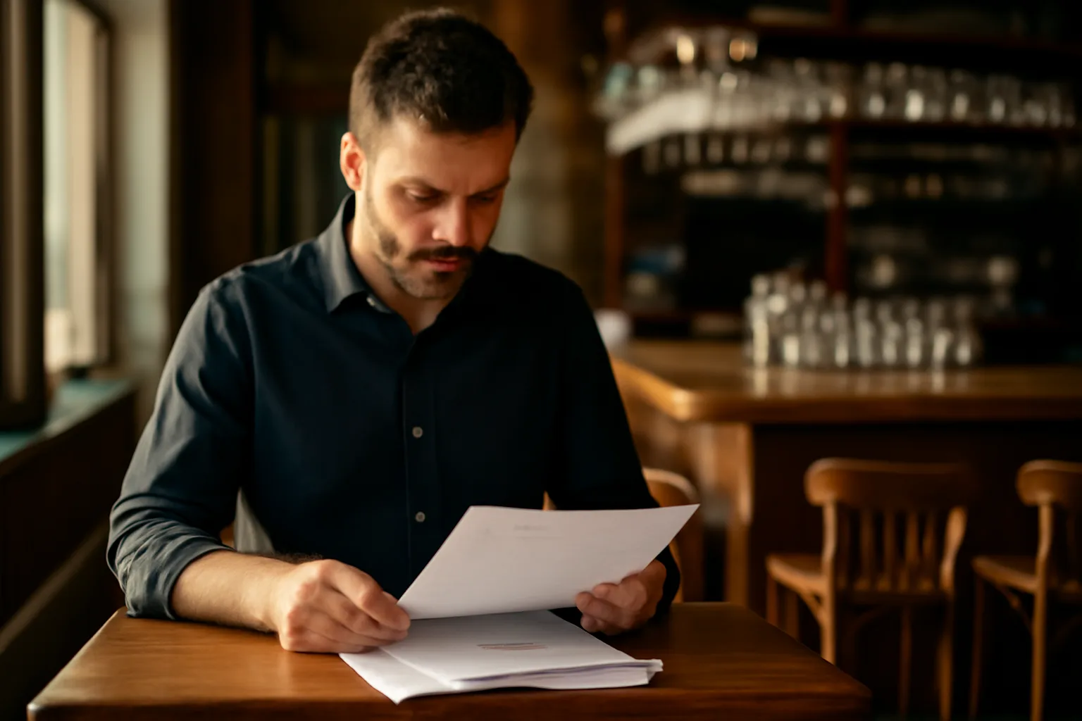 Restaurant owner reviewing paperwork near a bar during Georgia liquor license application process