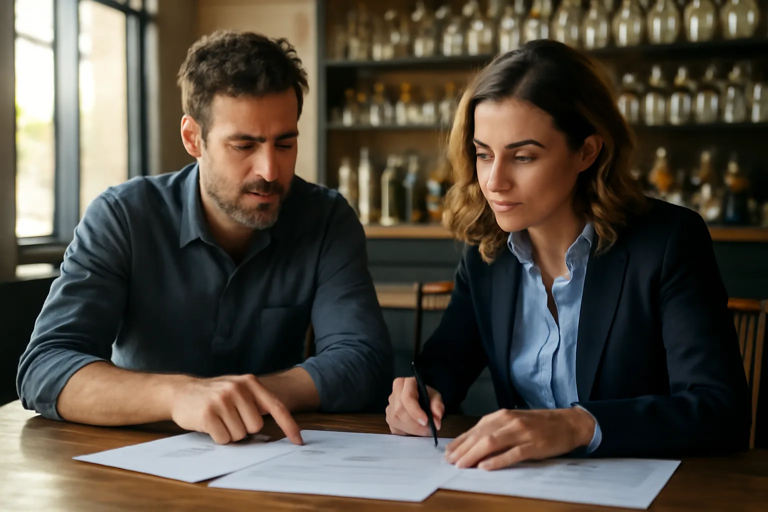 Restaurant owner and attorney discuss liquor license paperwork at a bar counter