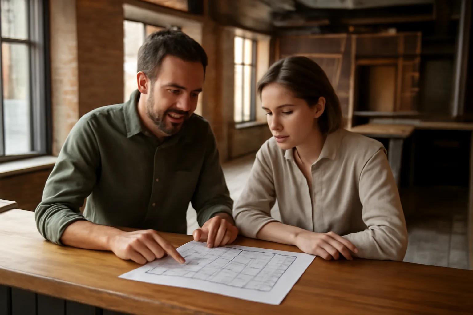 Restaurant owner reviewing floor plan with clerk during Colorado liquor license application process