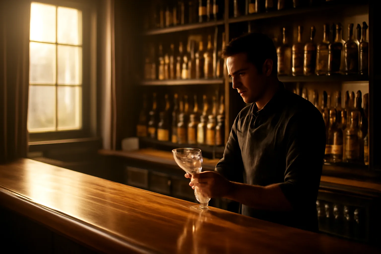 Bartender behind a warm-lit bar counter preparing for a restaurant opening in New Mexico