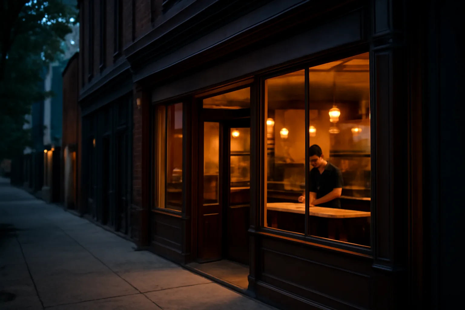 Restaurant storefront at dusk illustrating the cost of a liquor license in NJ