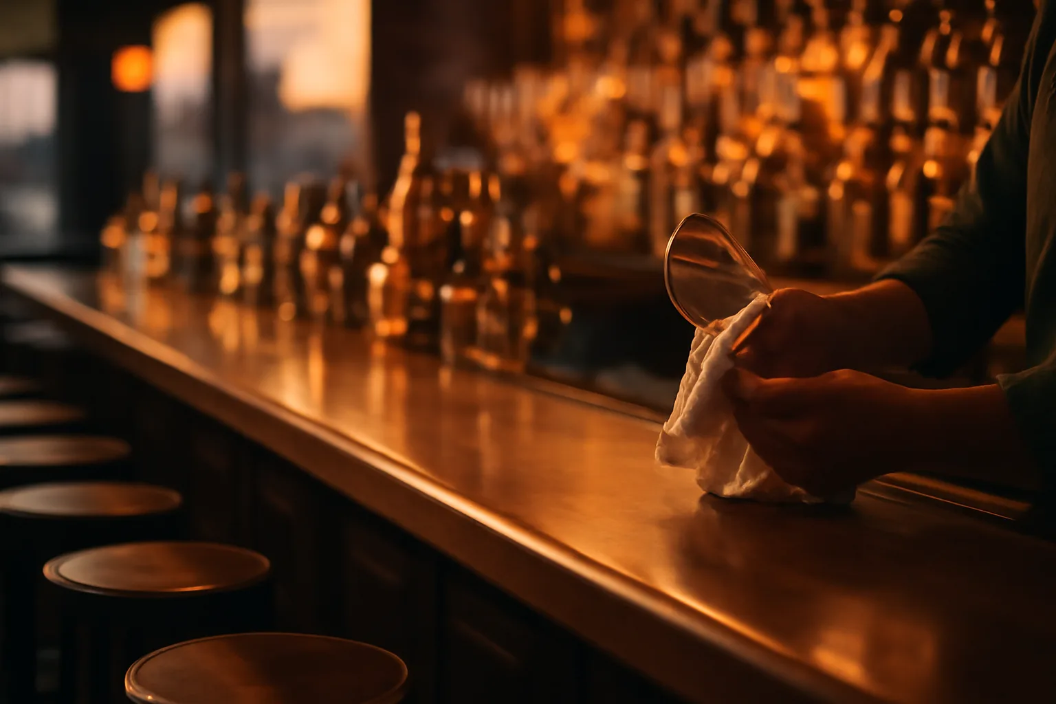 Bartender polishing a glass at a warmly lit restaurant bar counter