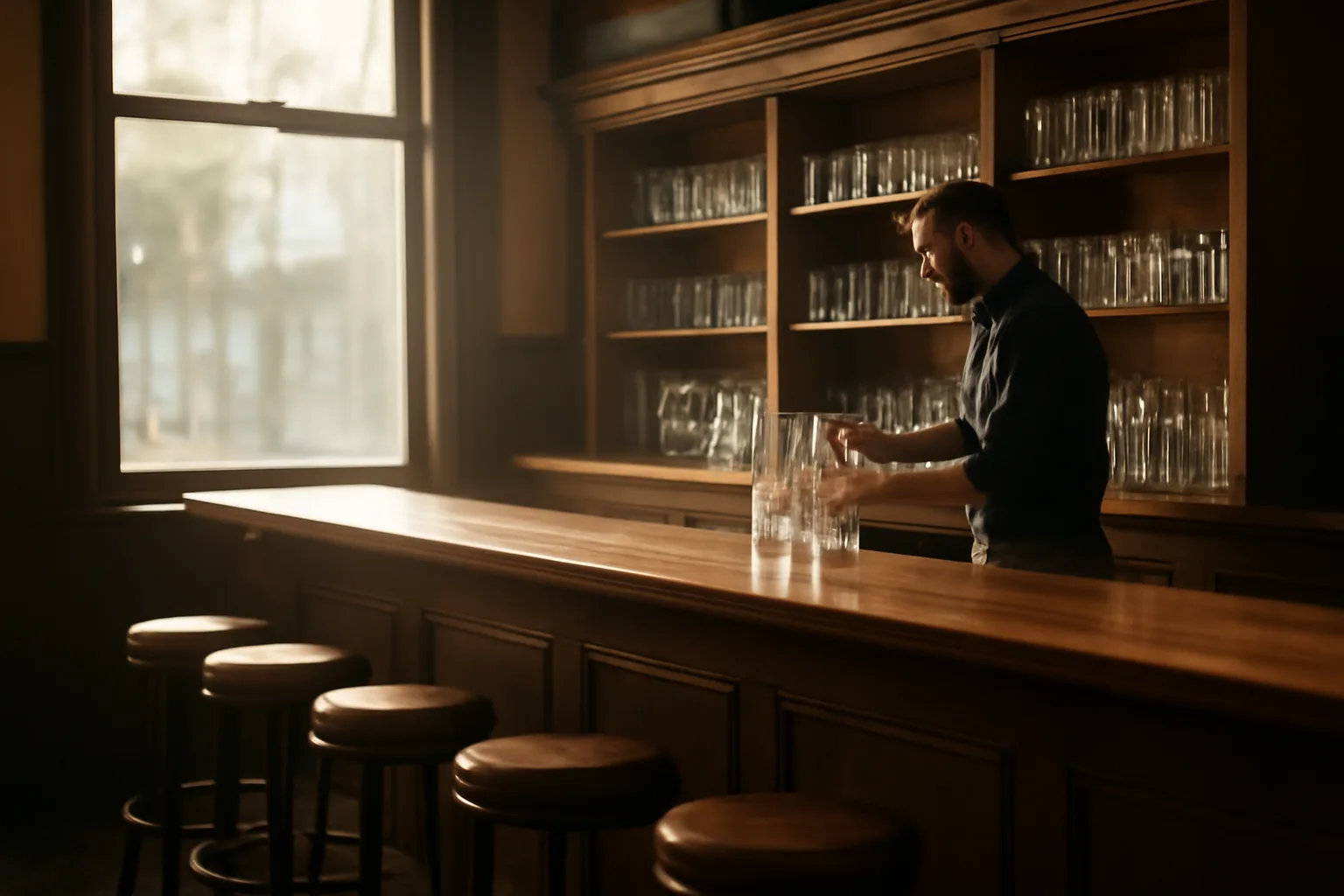 Bartender arranging glassware at a sunlit restaurant bar before opening