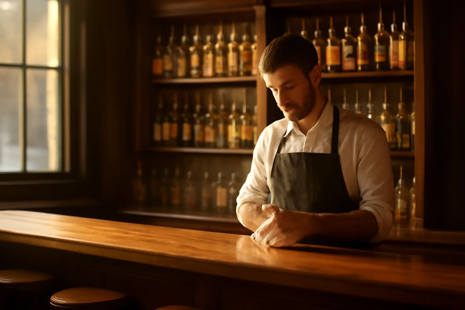 Bartender preparing an empty restaurant bar before opening, related to Texas liquor license planning