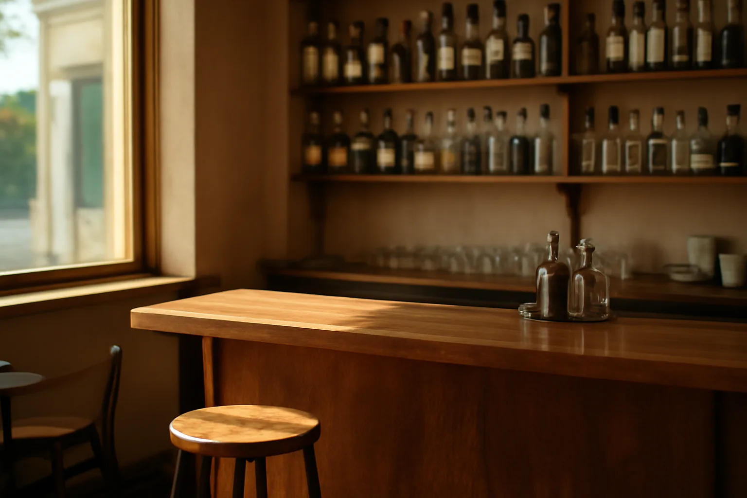 Empty restaurant bar counter with shelved bottles in warm daylight, representing liquor license planning