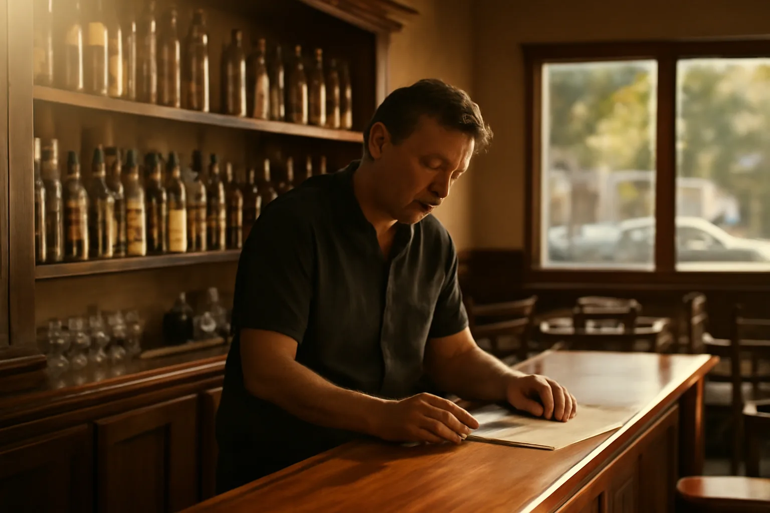 Restaurant owner reviewing documents at a sunlit bar counter in California