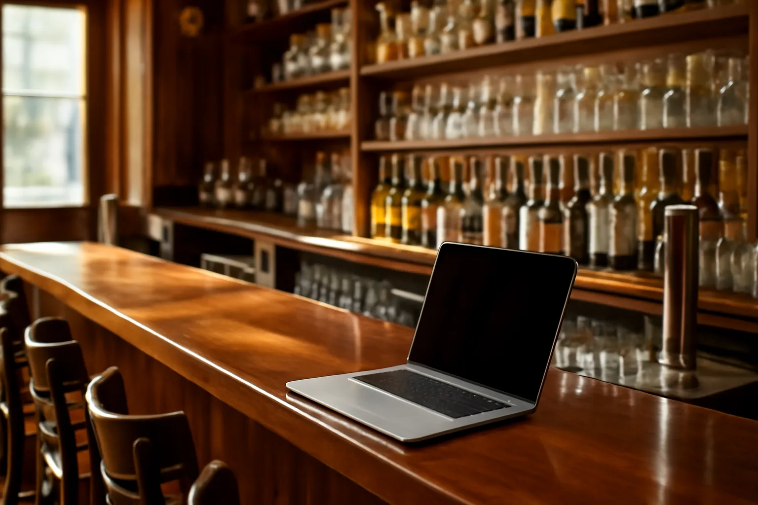 Empty restaurant bar interior with laptop, representing an Illinois liquor license lookup search