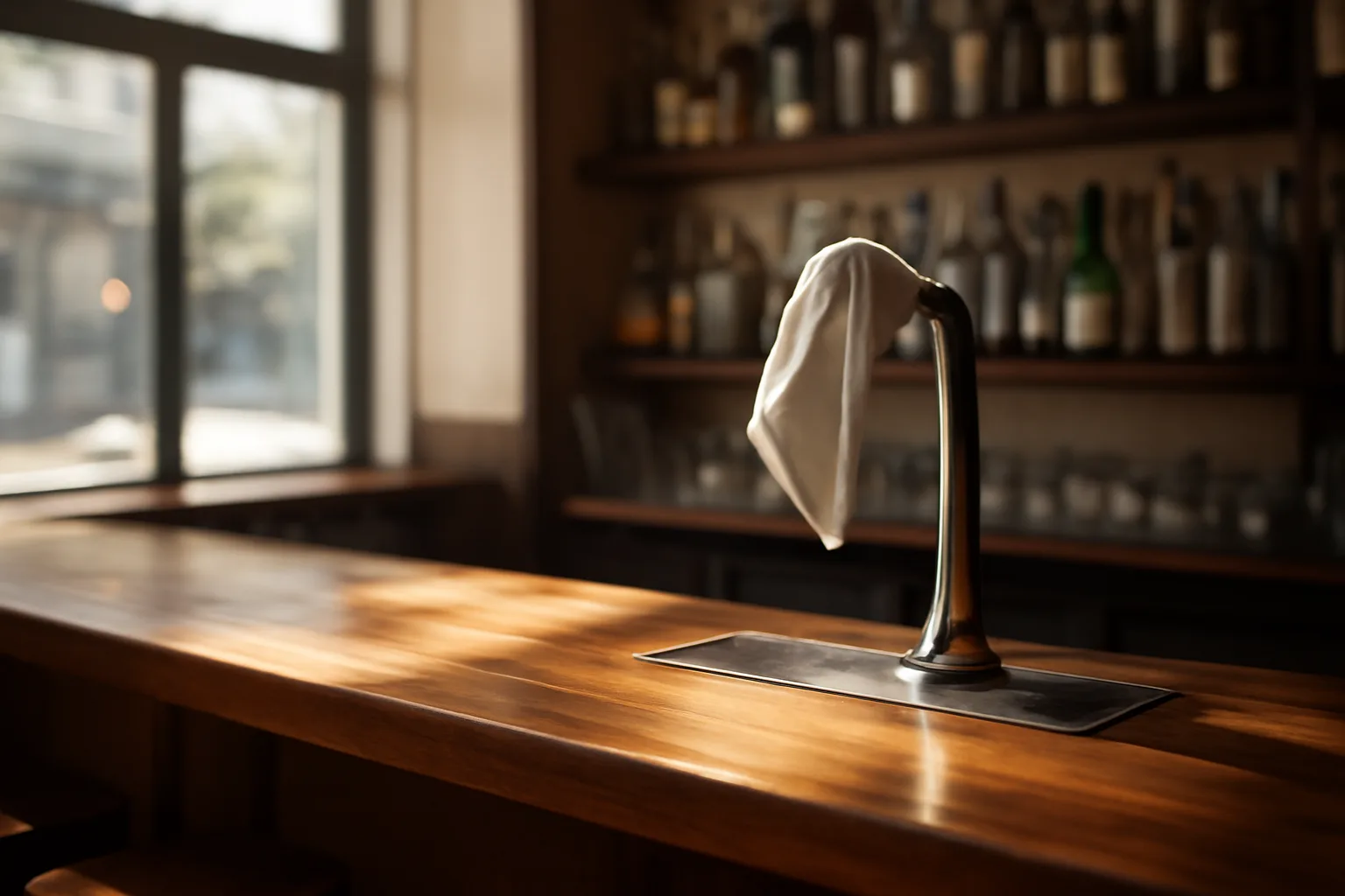Empty restaurant bar counter with sunlight, representing North Carolina liquor license planning