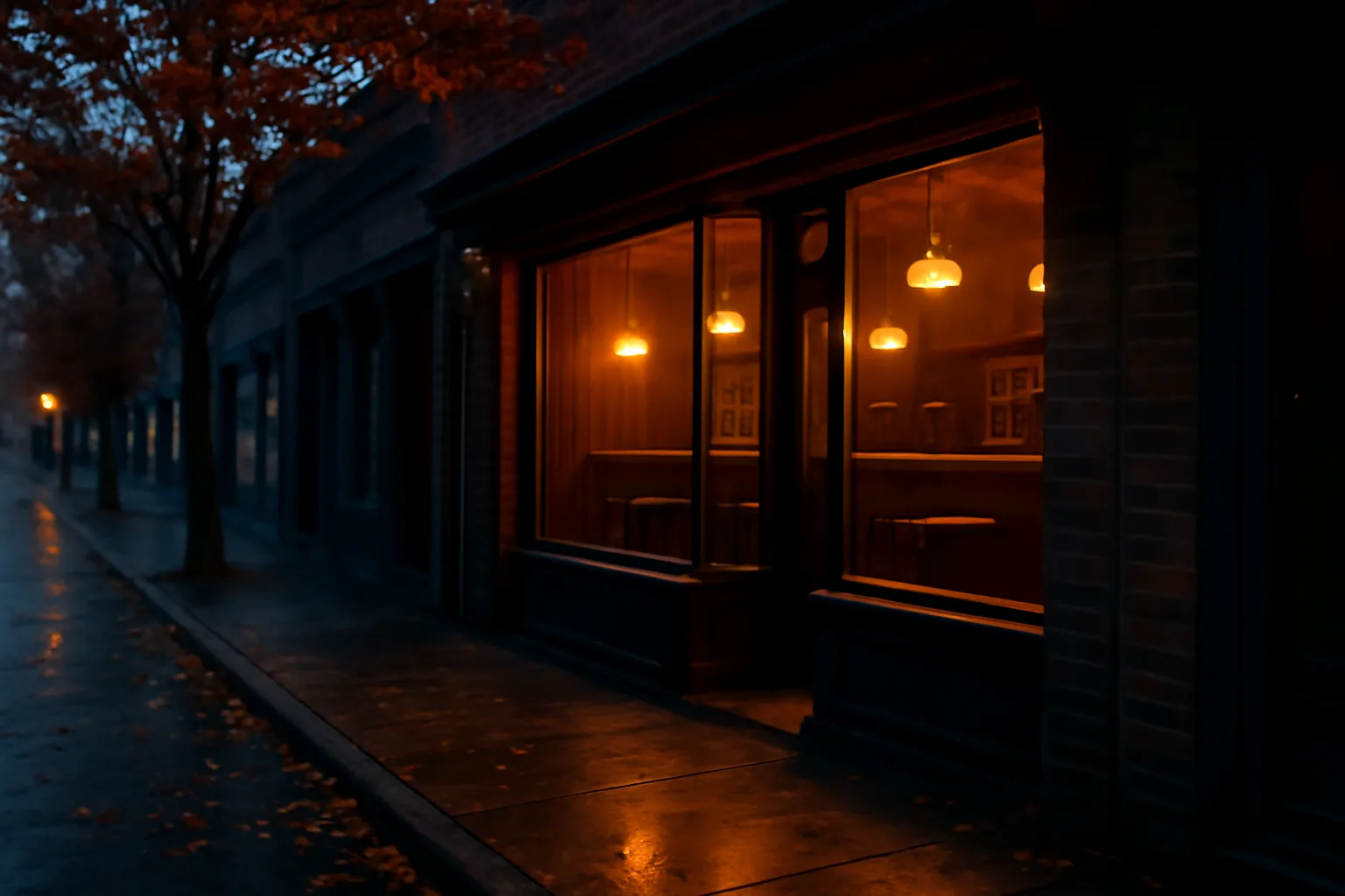 Empty New Jersey bar interior seen through storefront window at dusk