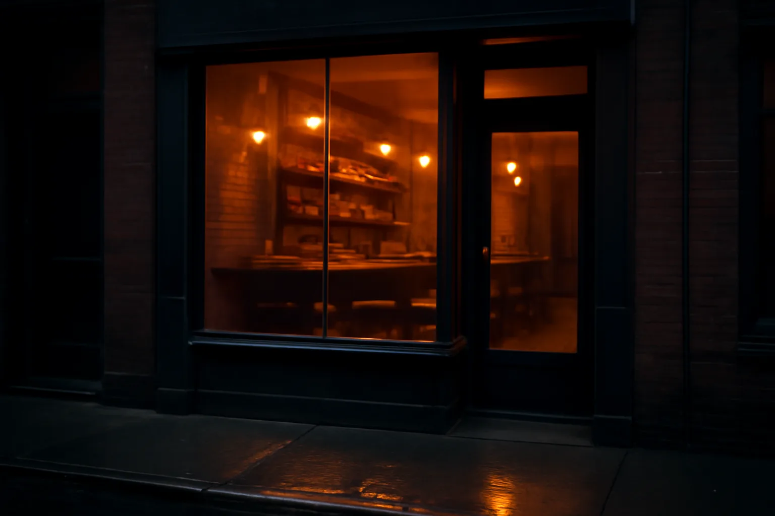 Empty NYC restaurant bar interior lit warmly at dusk before opening