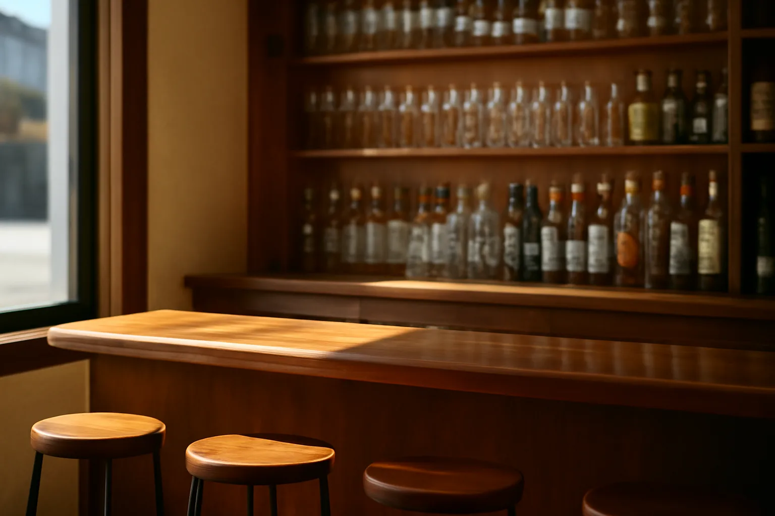 Empty restaurant bar with sunlit glassware, illustrating Ohio liquor license planning for new owners