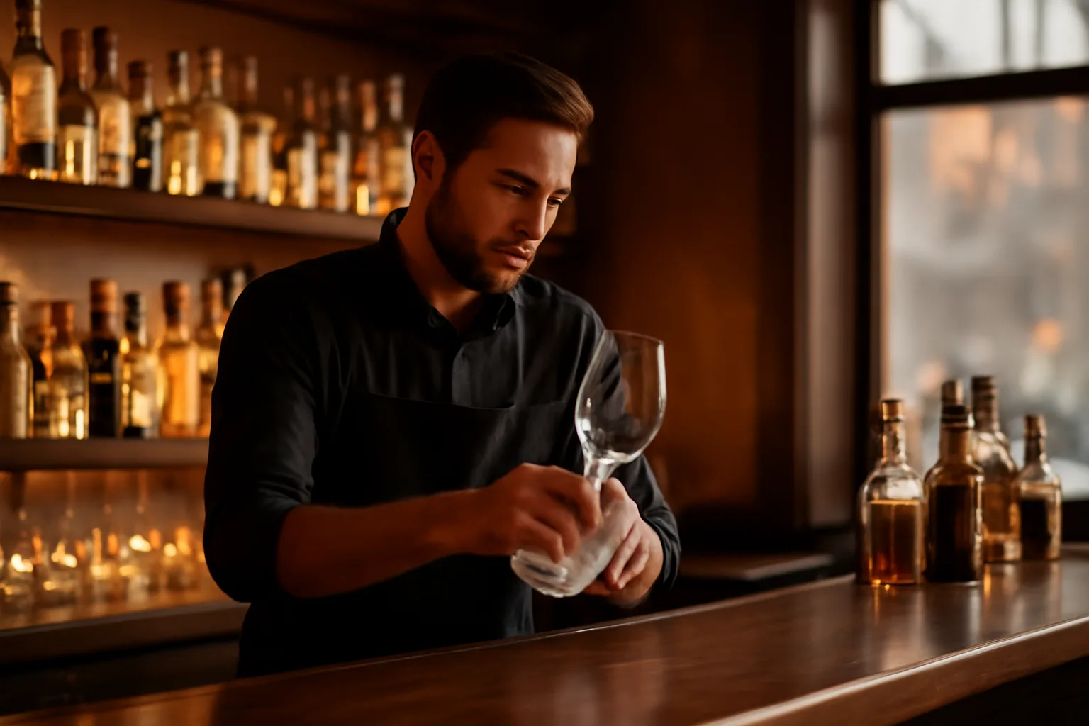 Bartender behind a bar counter representing liquor license server requirements for staff