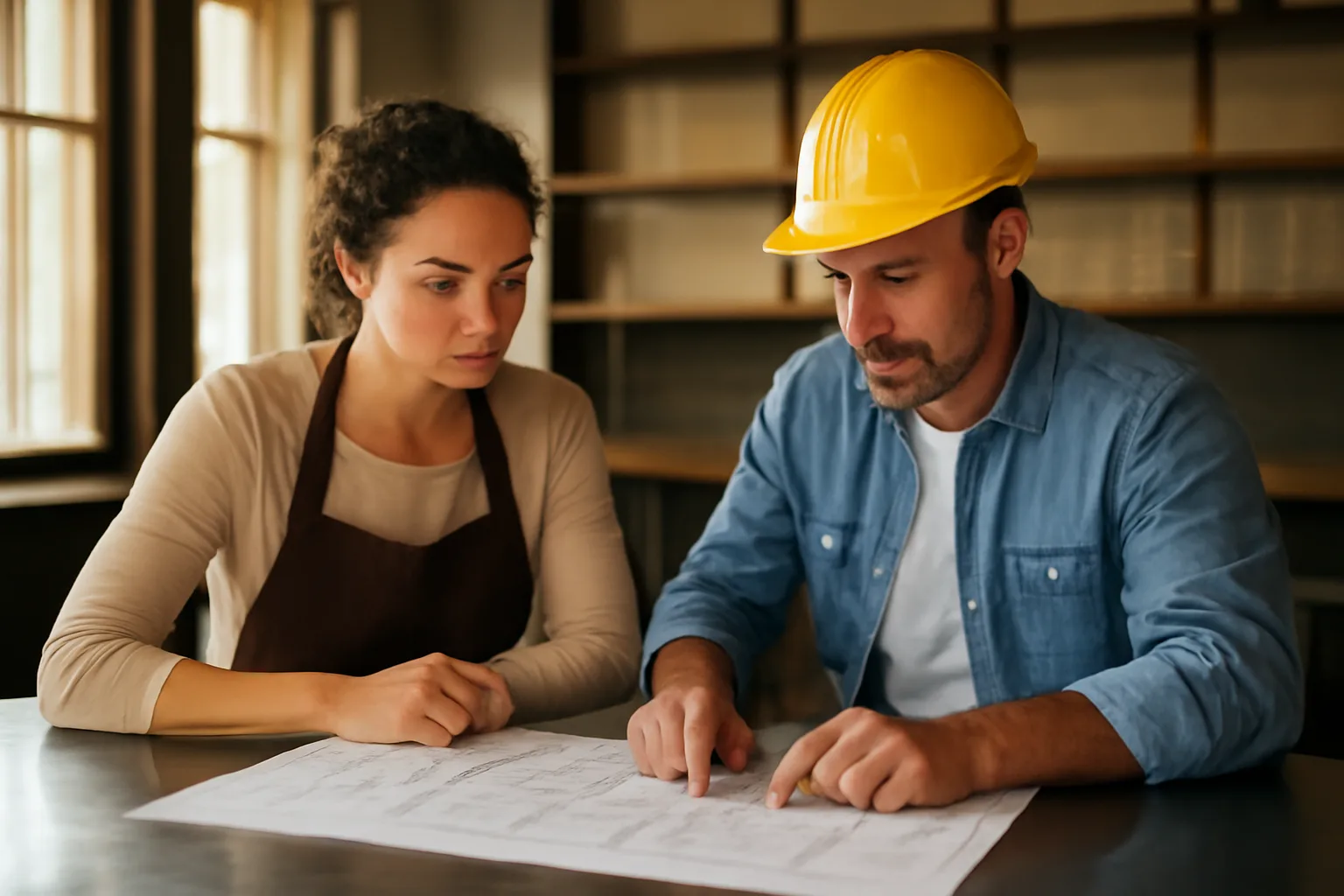Restaurant owner reviewing floor plan at bar counter during liquor license planning