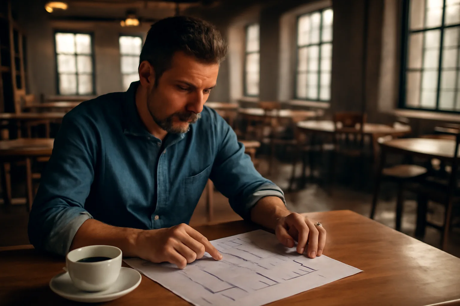 Restaurant owner reviewing paperwork at bar counter while planning a liquor license application