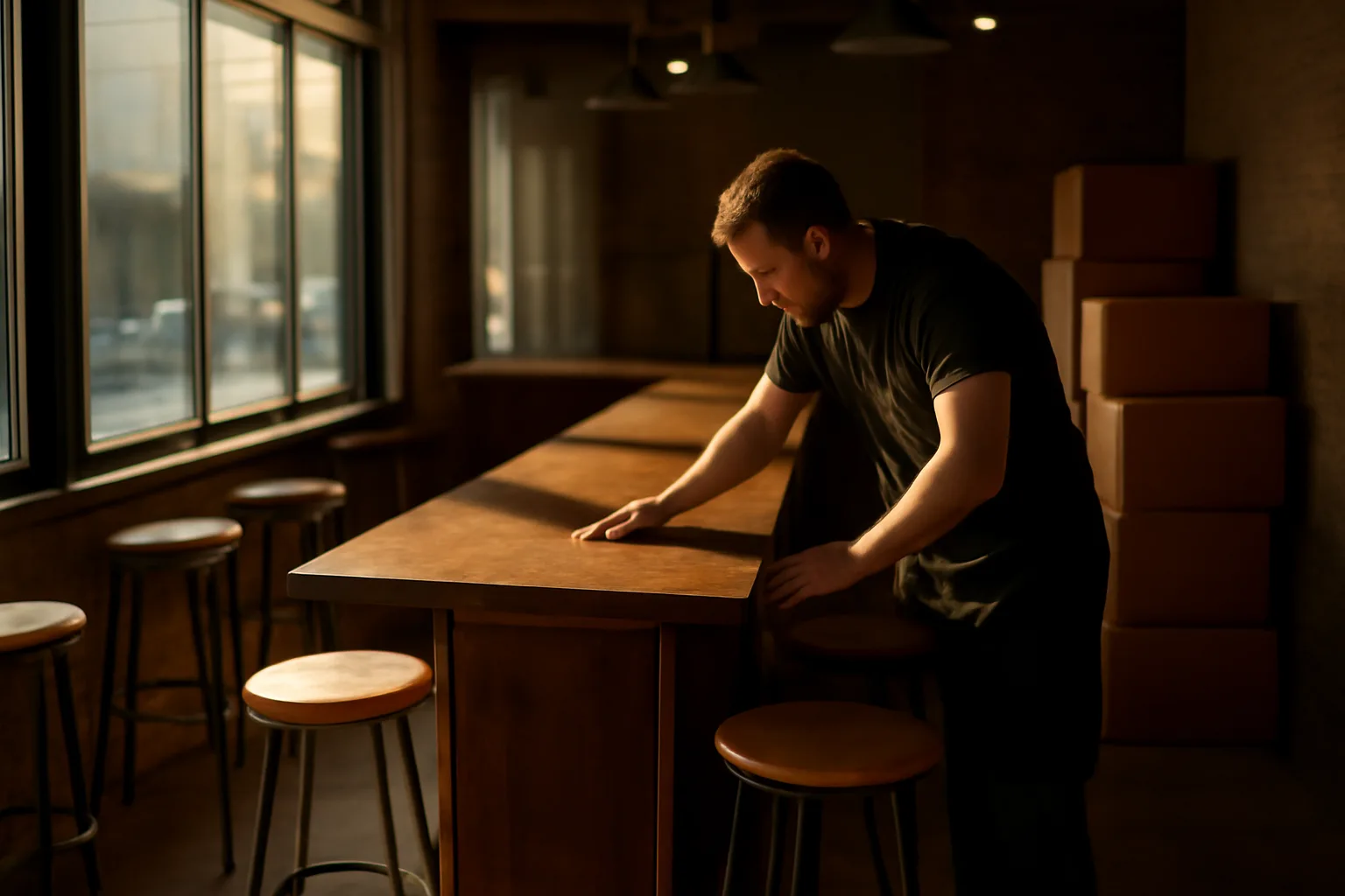 Restaurant bar interior during buildout before liquor license approval in Washington