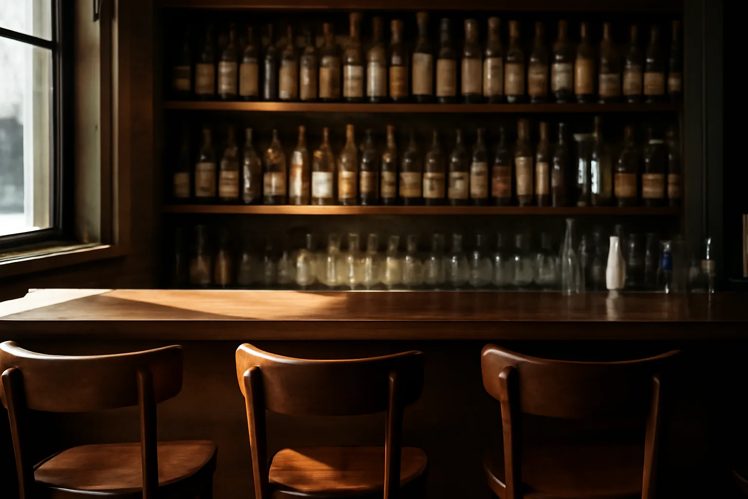 Empty bar interior with sunlit back bar shelves before a liquor license opening
