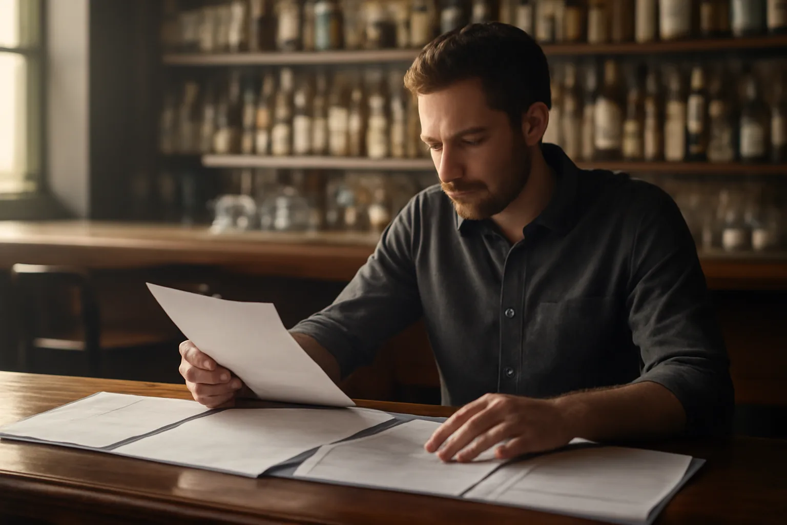Restaurant owner reviewing liquor permit requirements paperwork at an empty bar counter