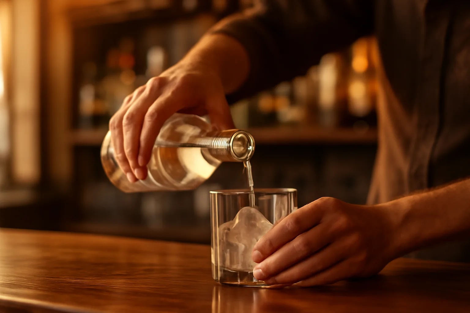 Bartender pouring a drink at a bar under warm evening light