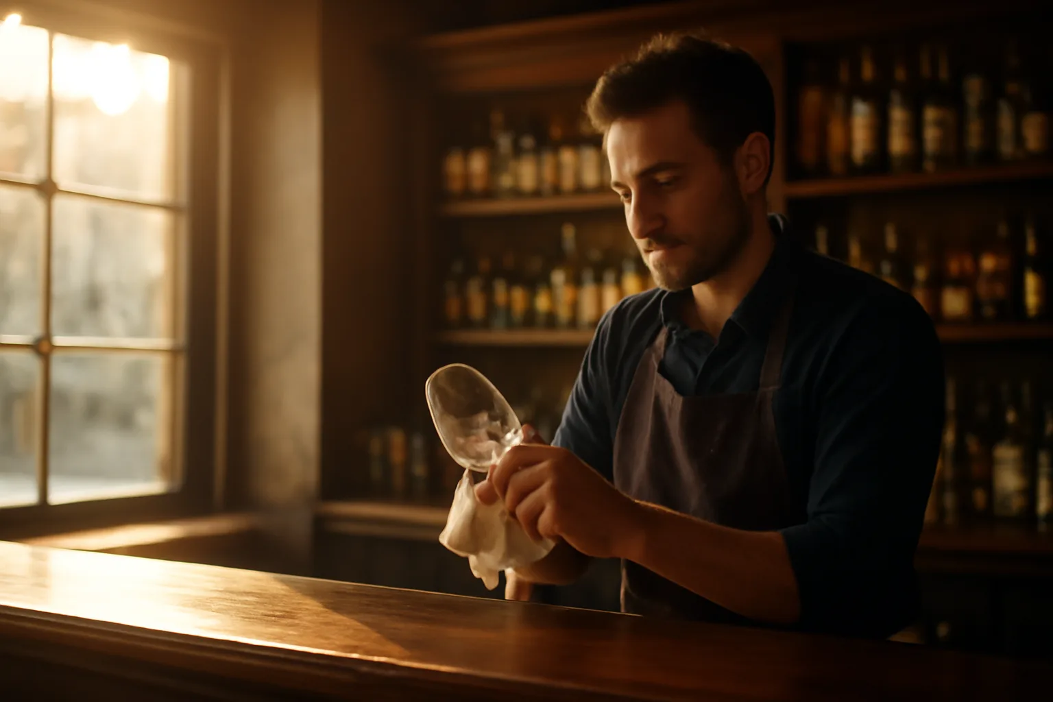 Bartender preparing a bar counter before service, representing the liquor serving permit topic