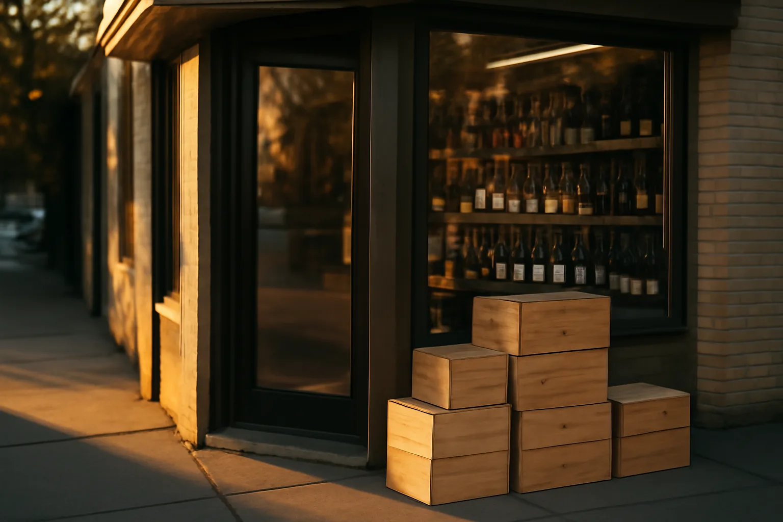 Small California liquor store storefront at dusk with wine crates by the door