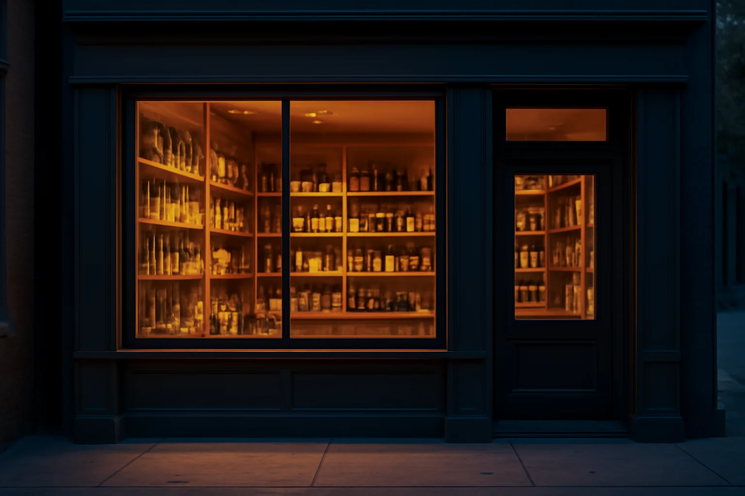 Small liquor store storefront lit warmly at dusk with shelves visible inside