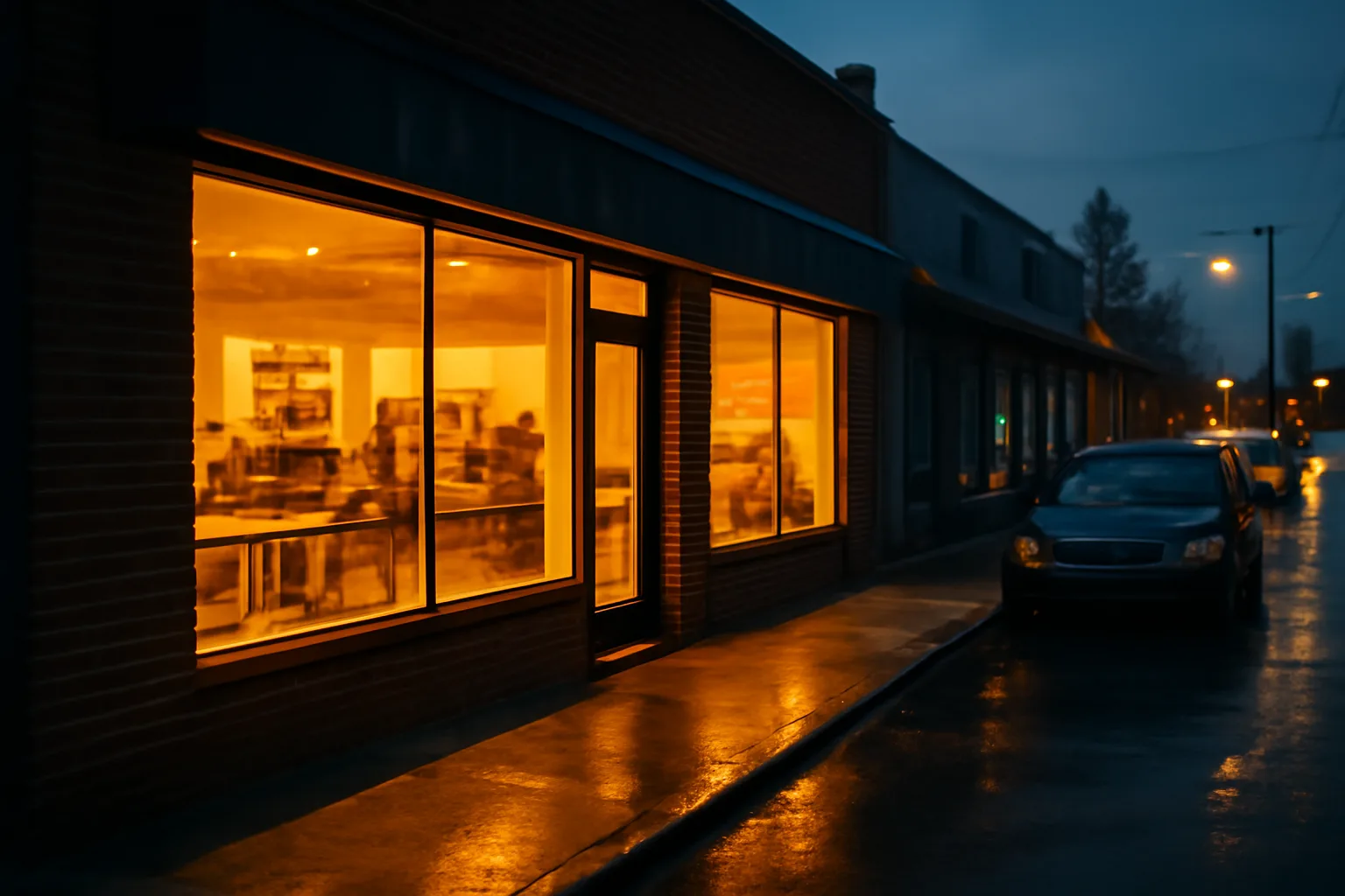 Small retail storefront lit at dusk in a New Jersey suburban strip mall