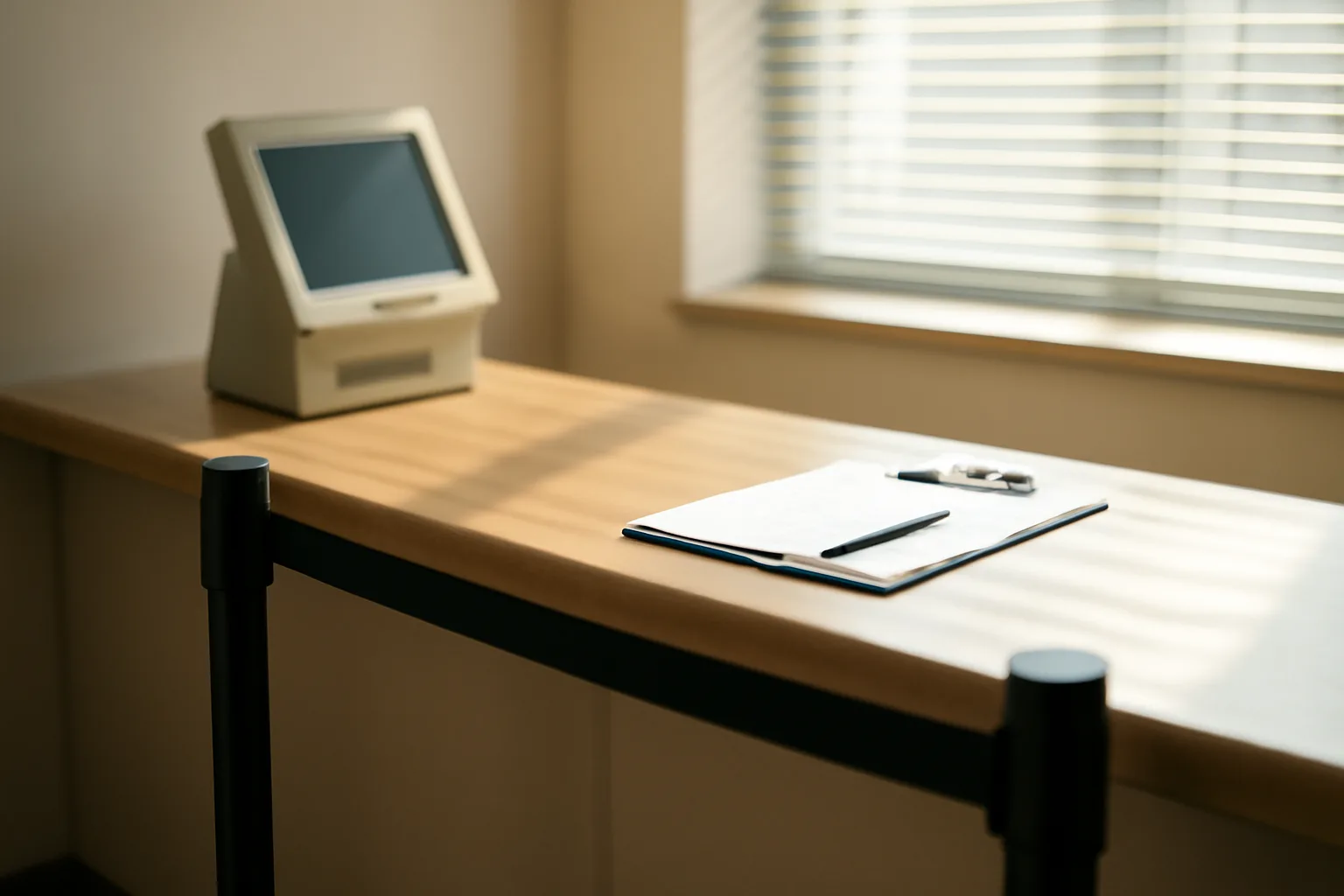 Government licensing office counter where liquor license applications and lookups are processed