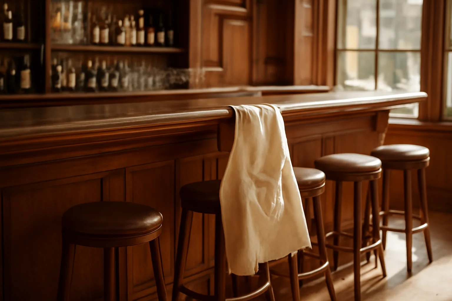 Empty sunlit bar counter representing the process of looking up a TABC license