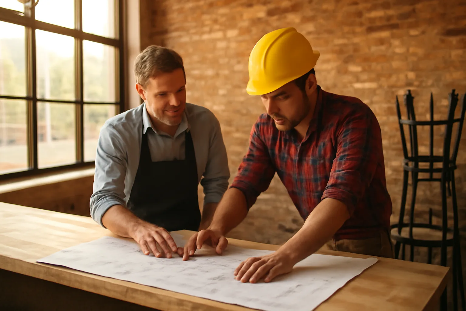 Restaurant owner reviewing bar buildout plans before opening in Los Angeles