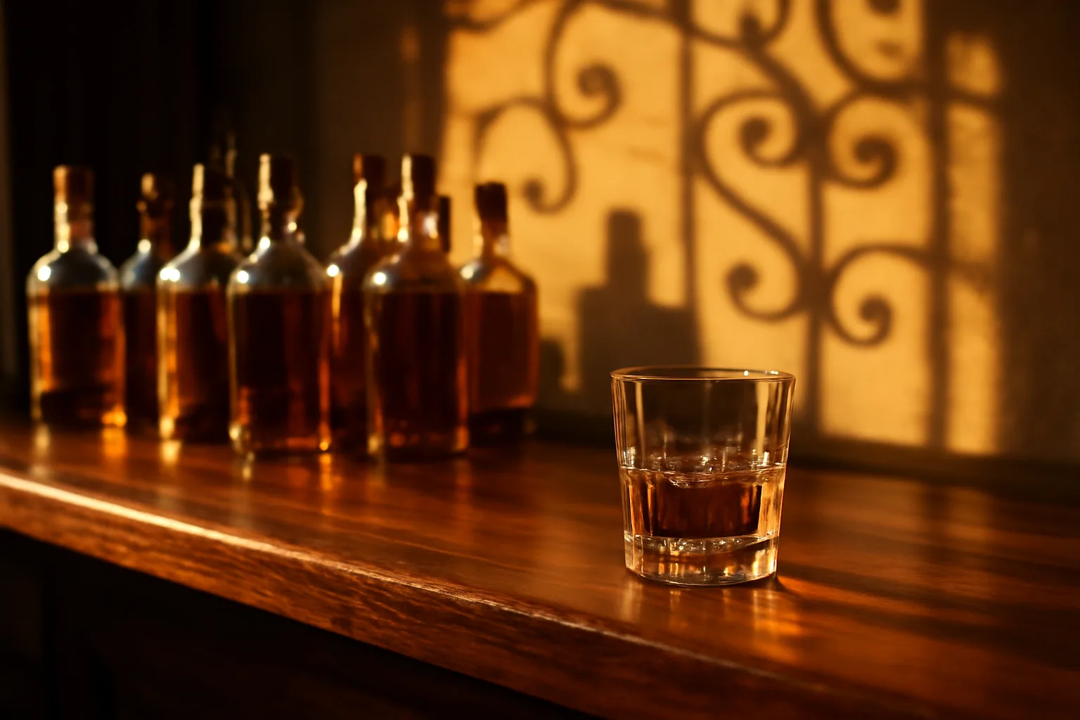 Empty bar counter in a Louisiana restaurant lit by late afternoon light