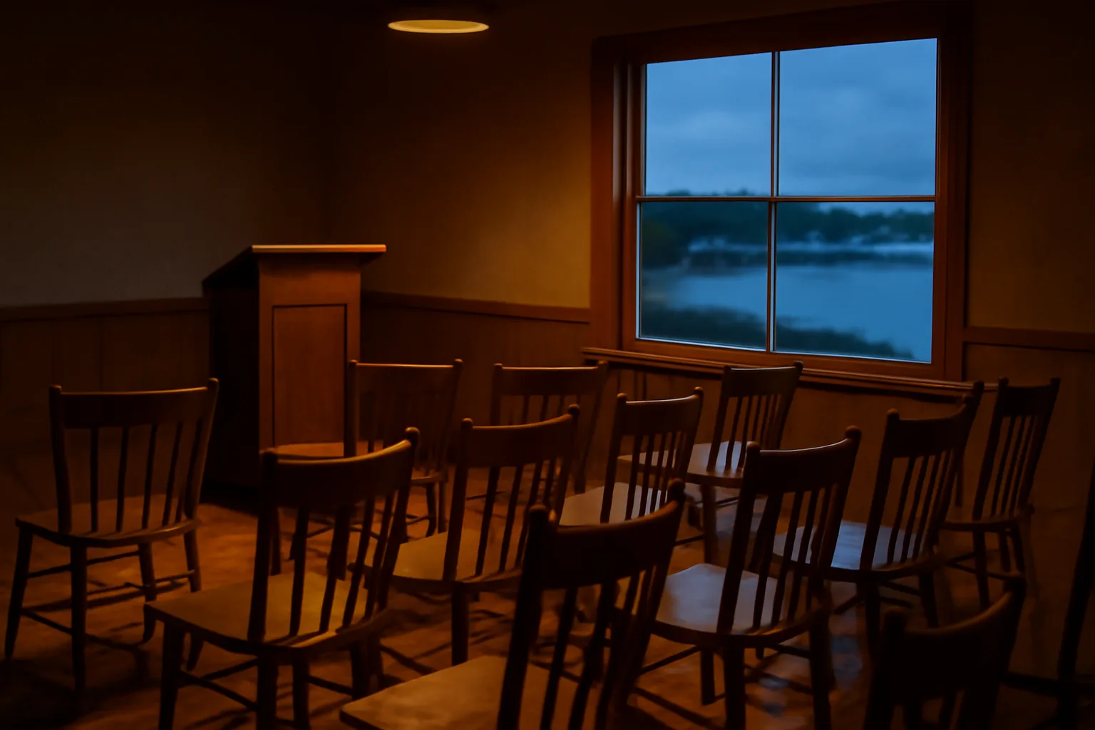 Empty New England town meeting room where Maine liquor license hearings take place