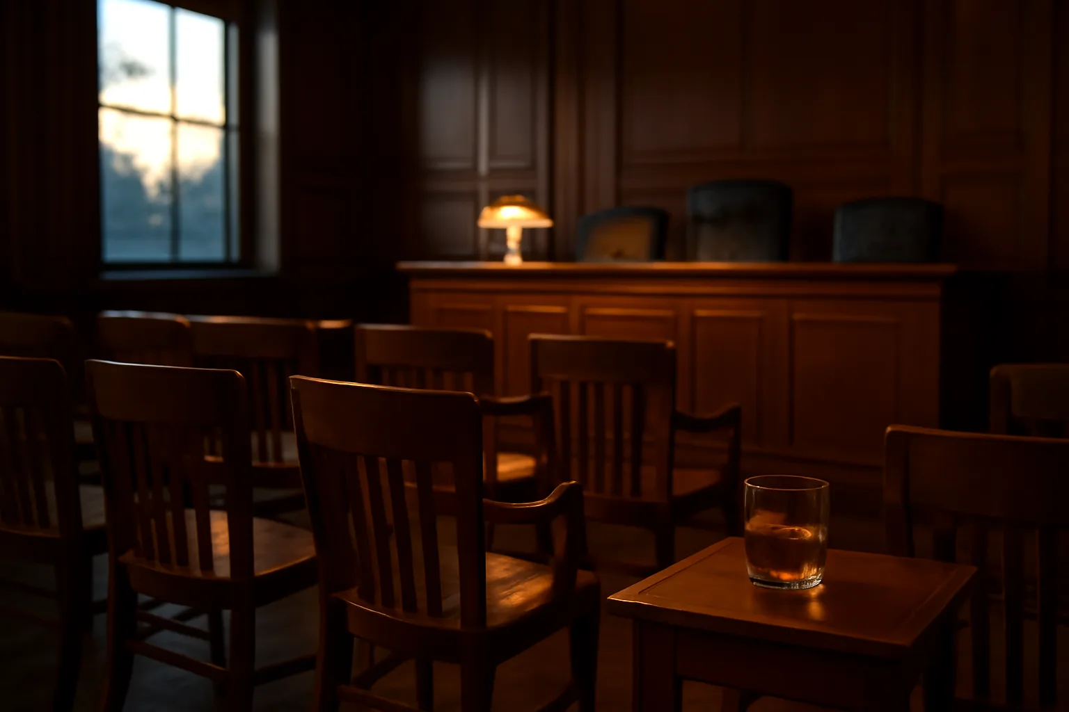 Empty county hearing room representing Maryland liquor license board proceedings