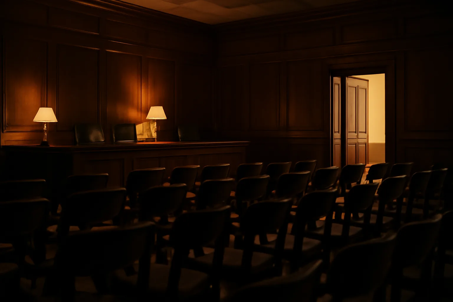 Empty county hearing room where Maryland liquor license board meetings take place