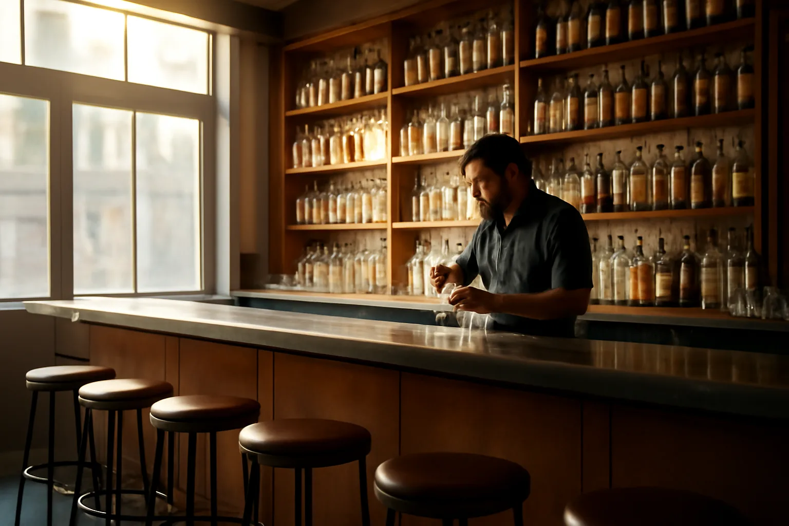 Empty bar interior in morning light before a Michigan liquor license inspection