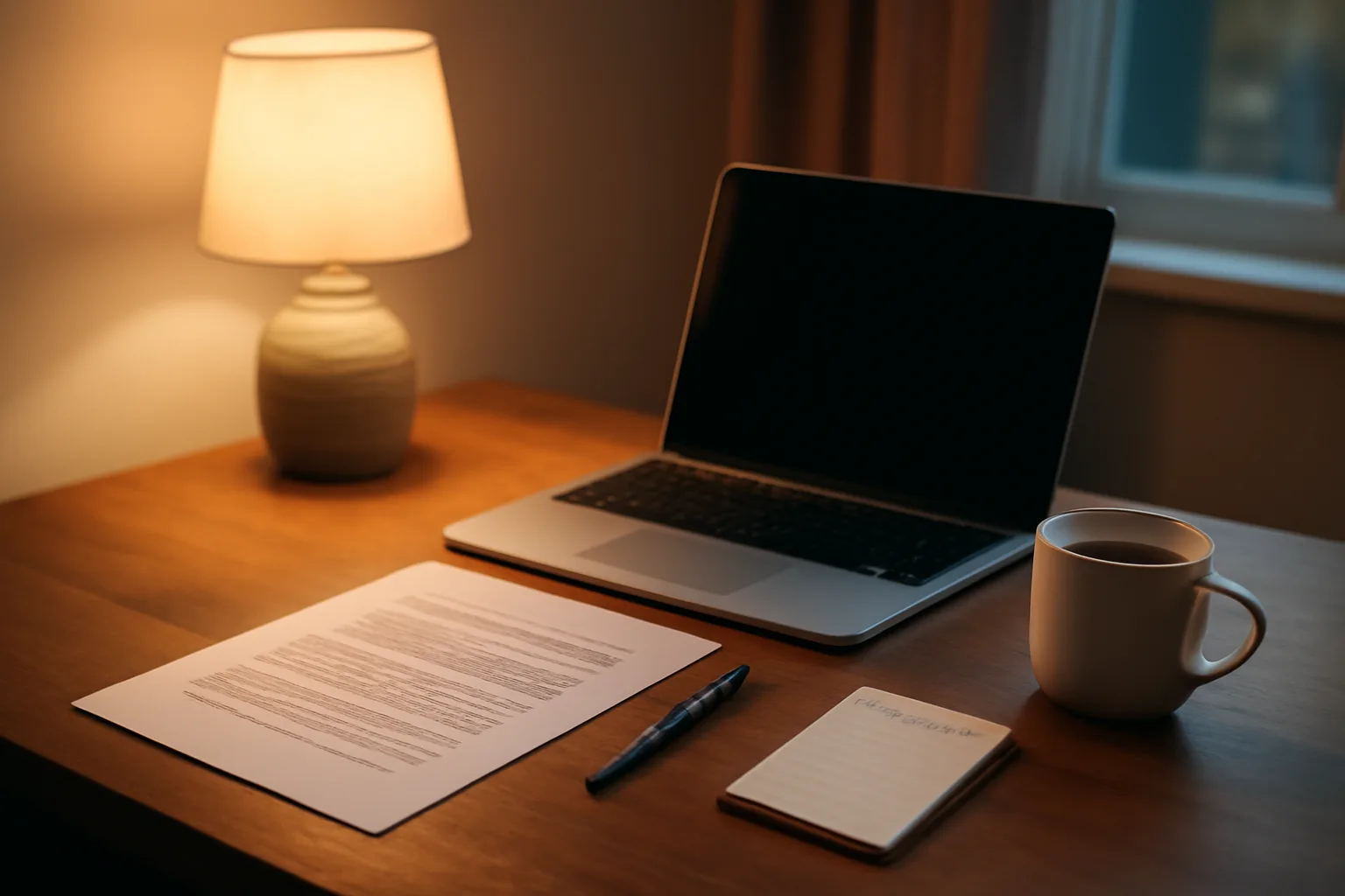 Desk scene showing paperwork and laptop during liquor license research and planning