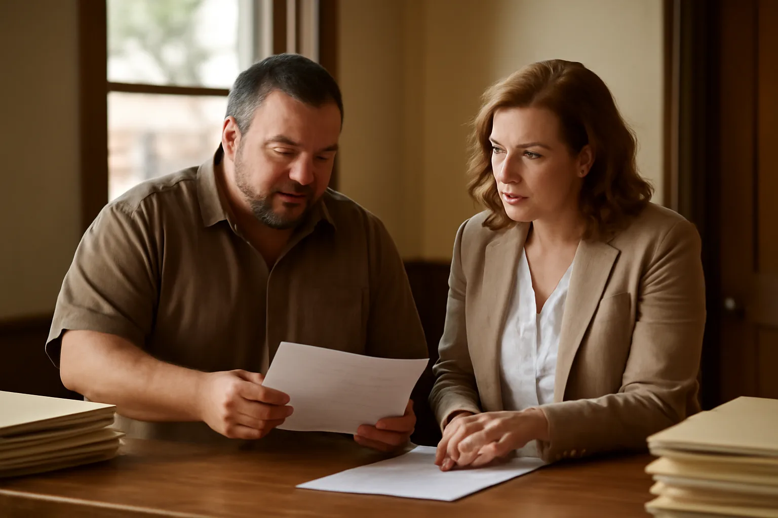 Restaurant owner discussing Missouri alcohol laws with a city clerk over a counter