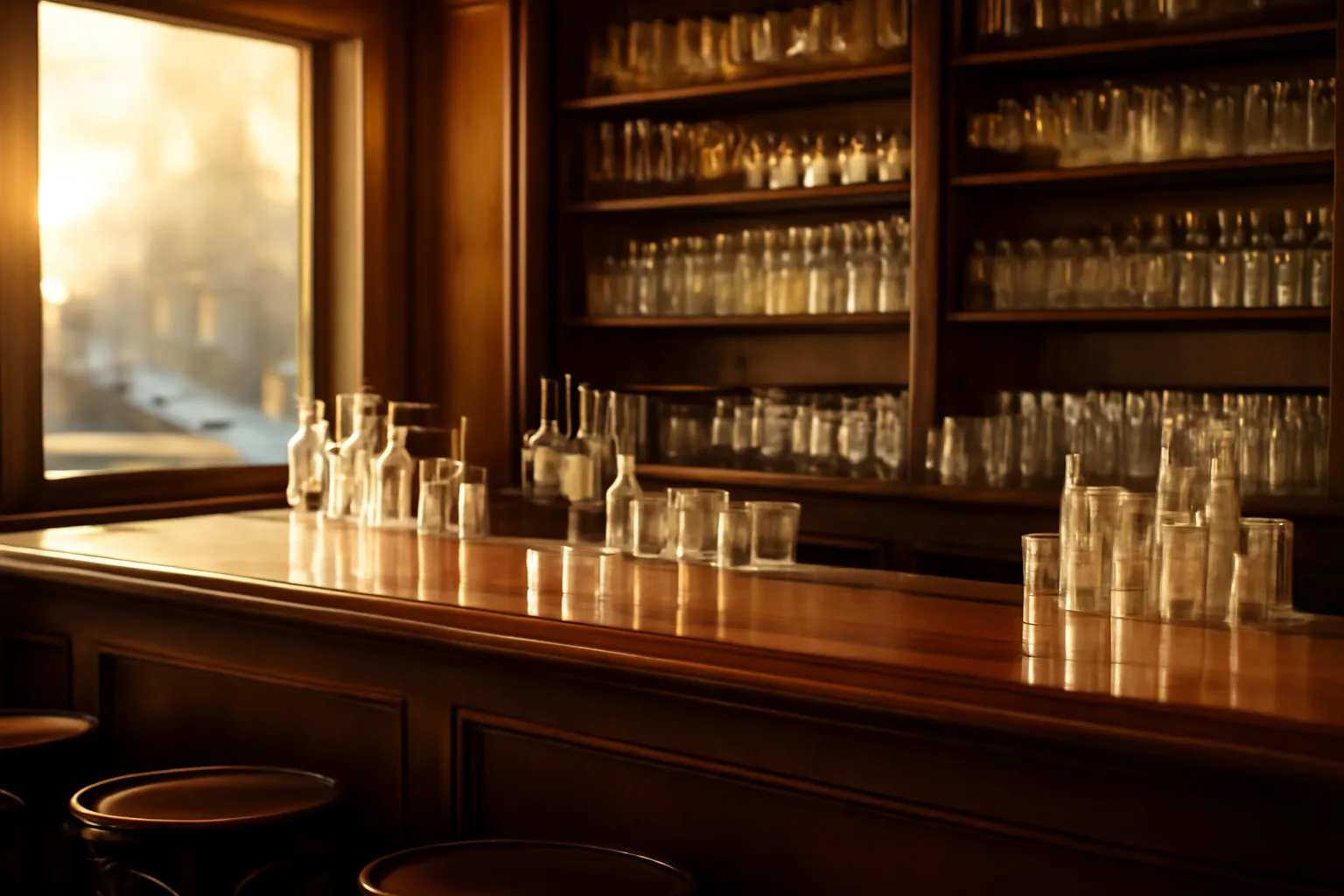 Sunlit interior of a small bar counter with glassware, no signage visible