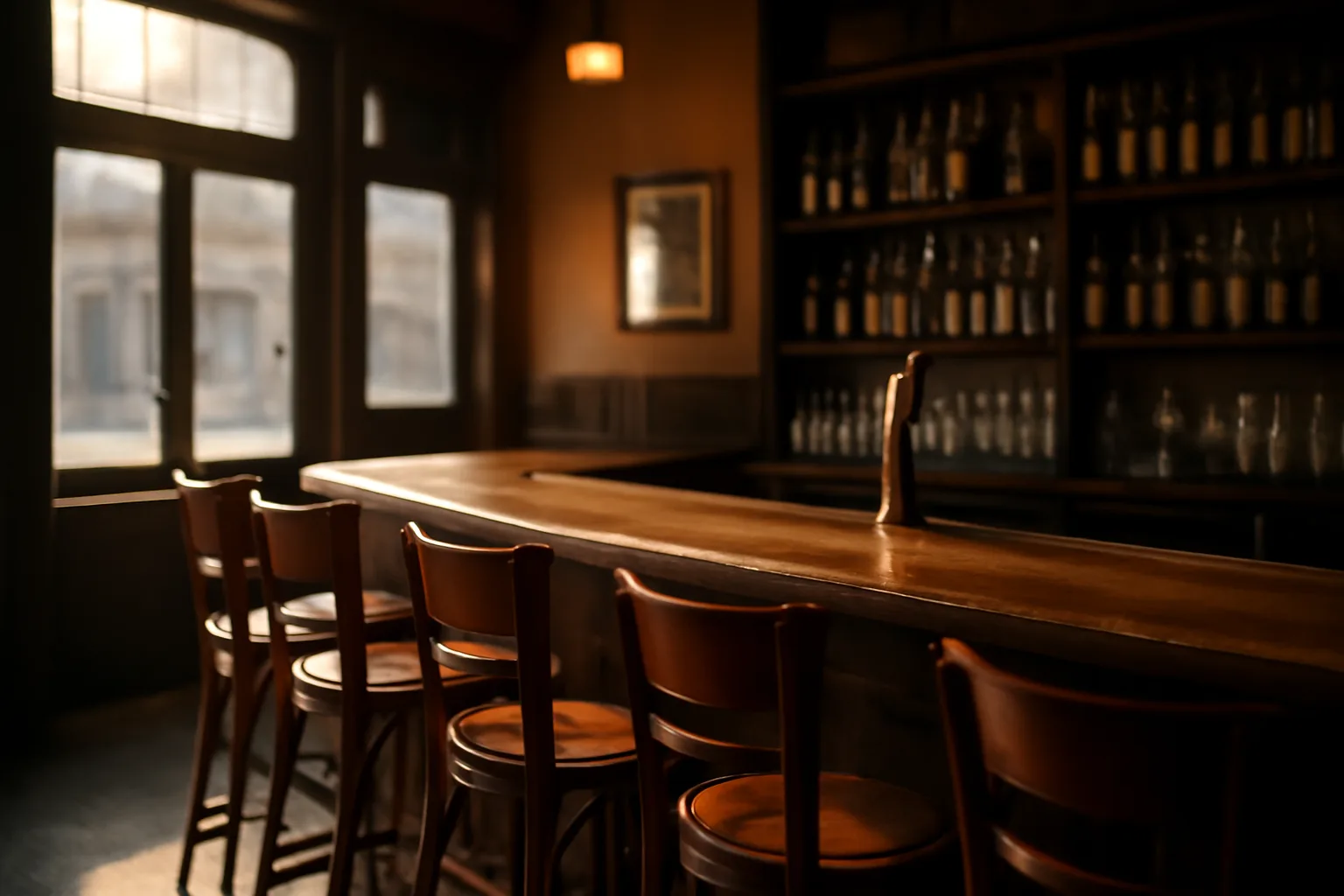 Empty bar interior in afternoon light before a liquor license inspection