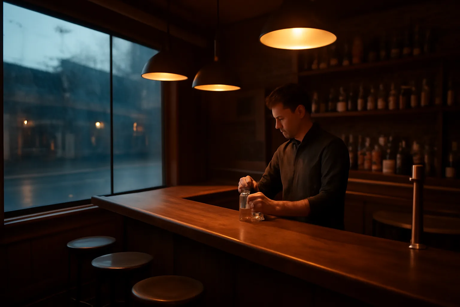 Bartender wiping down a wooden bar counter in a dimly lit small-town tavern