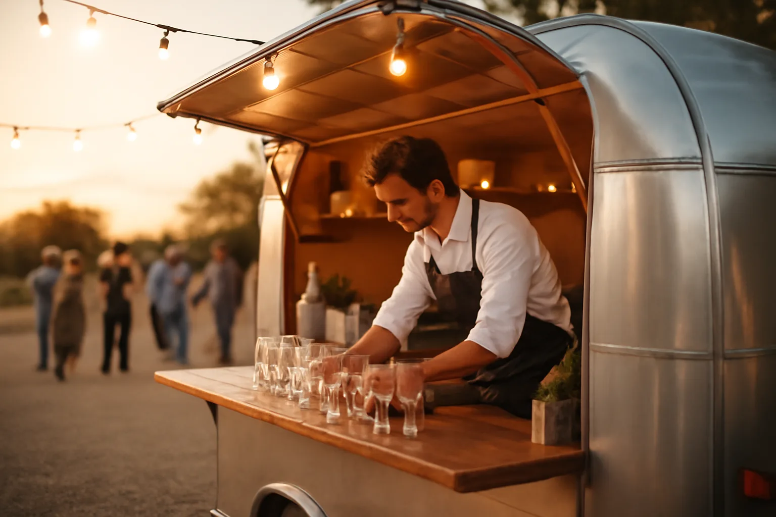 Mobile bar trailer serving drinks outdoors at an evening event