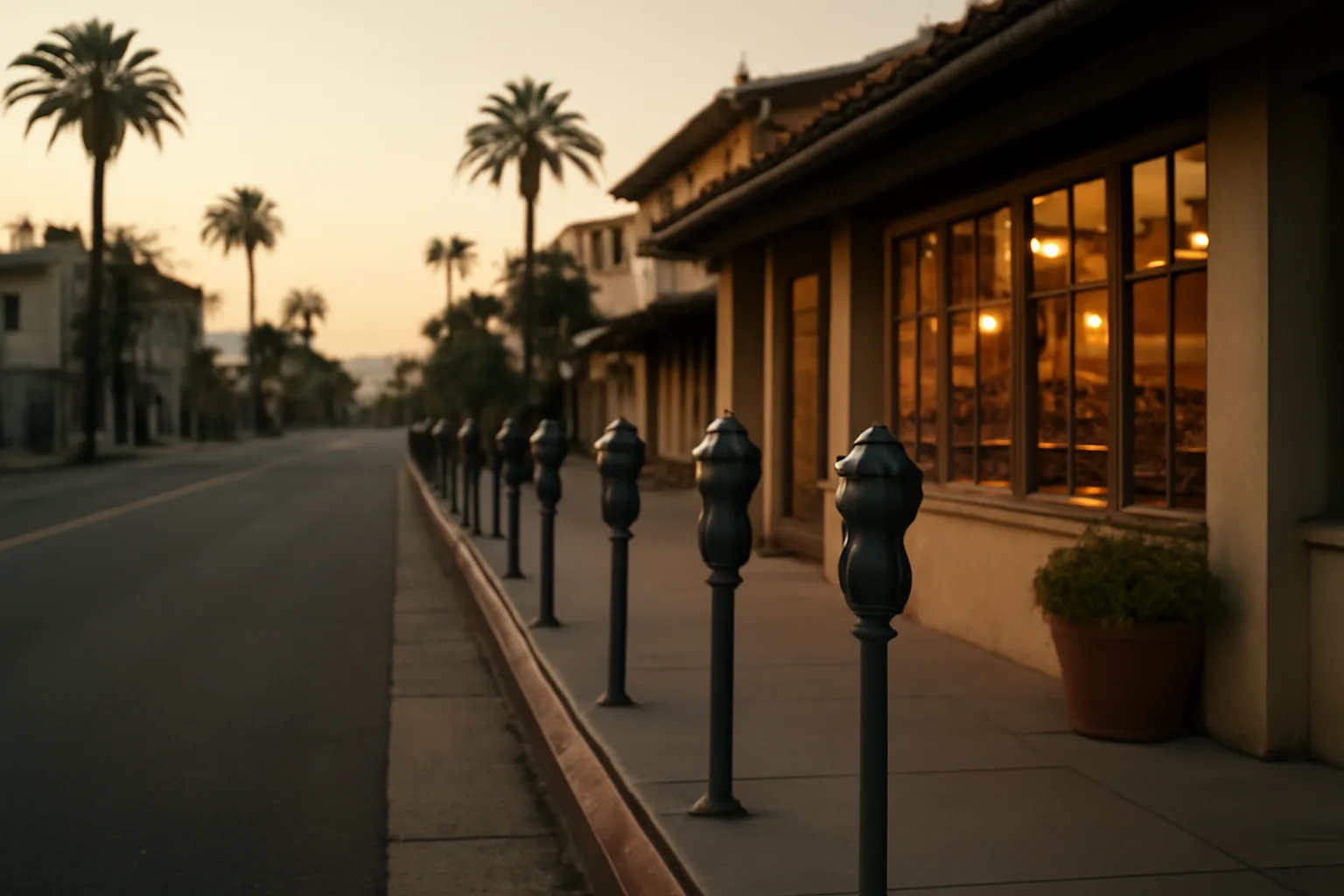 Empty curbside parking meters outside a coastal downtown restaurant at dusk