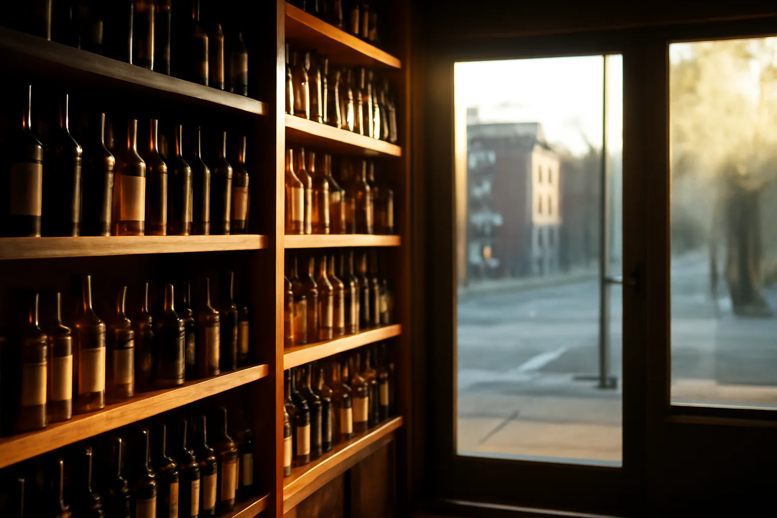 sunlit interior of a small independent liquor store storefront in early morning