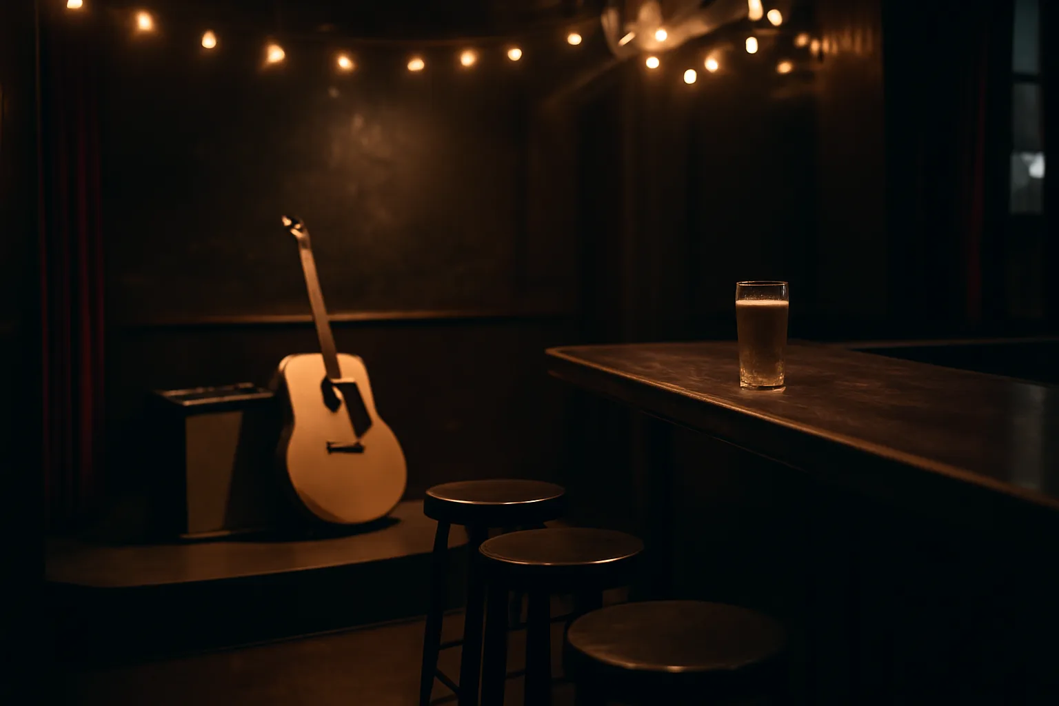 Empty bar stage with guitar and amp illustrating music licensing for bars