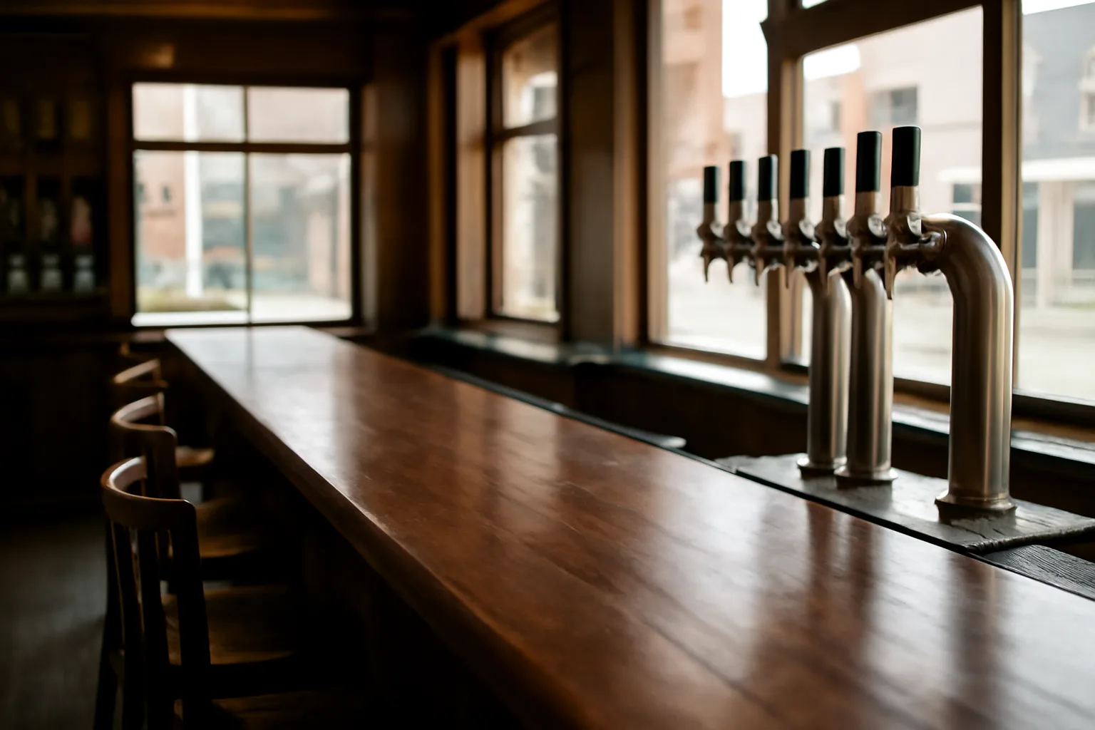 Empty Nebraska bar counter with taps in soft daylight, representing a new liquor license applicant
