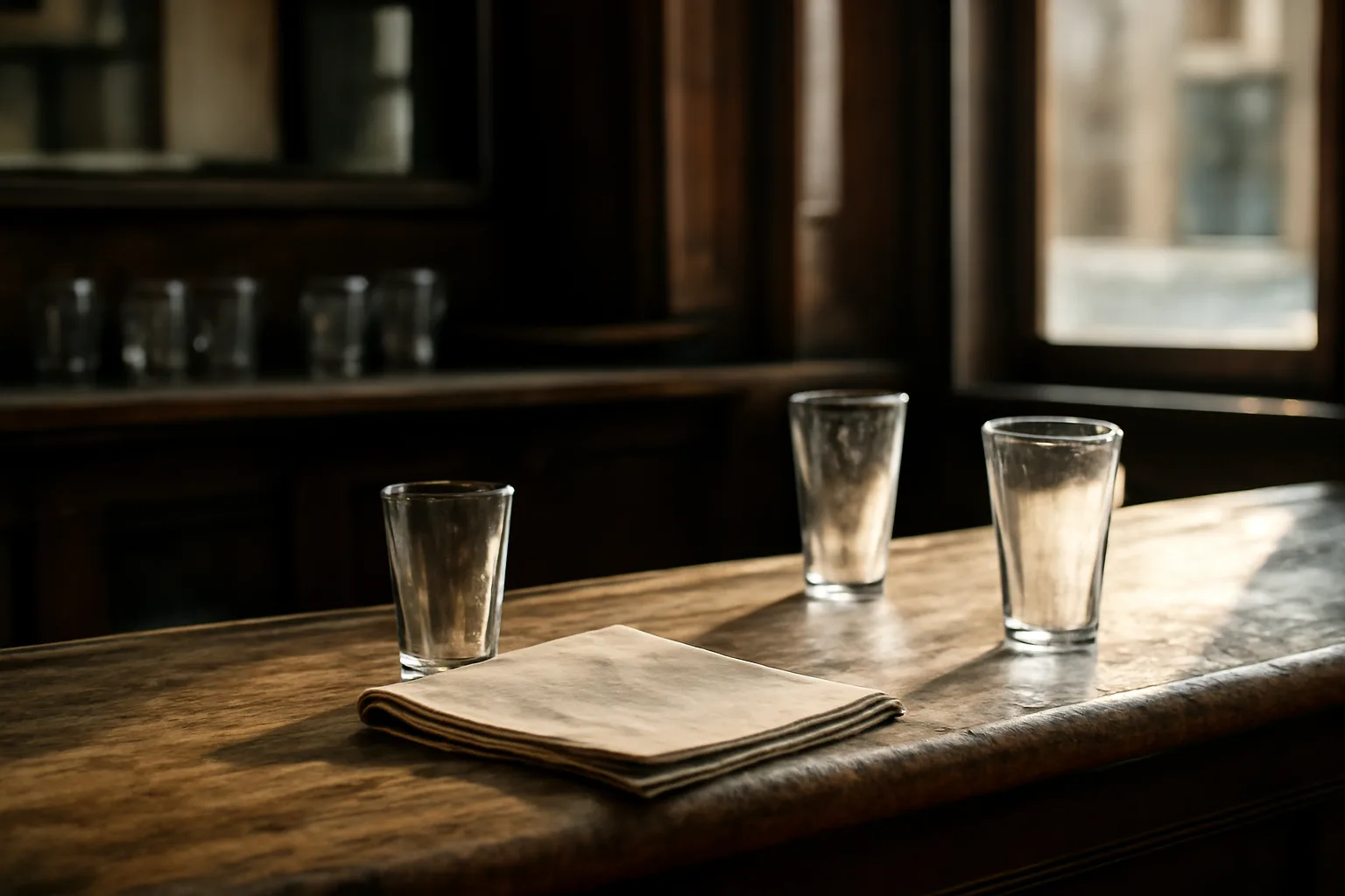 Empty New Jersey bar counter lit by daylight with glassware and no visible signage