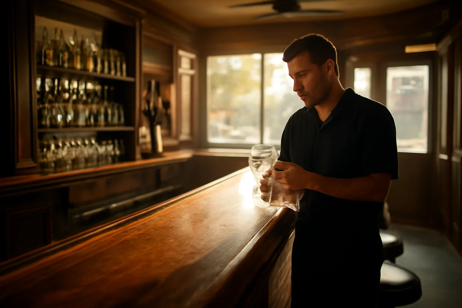 Bartender preparing an empty New Jersey bar before opening hours, illustrating liquor license rules